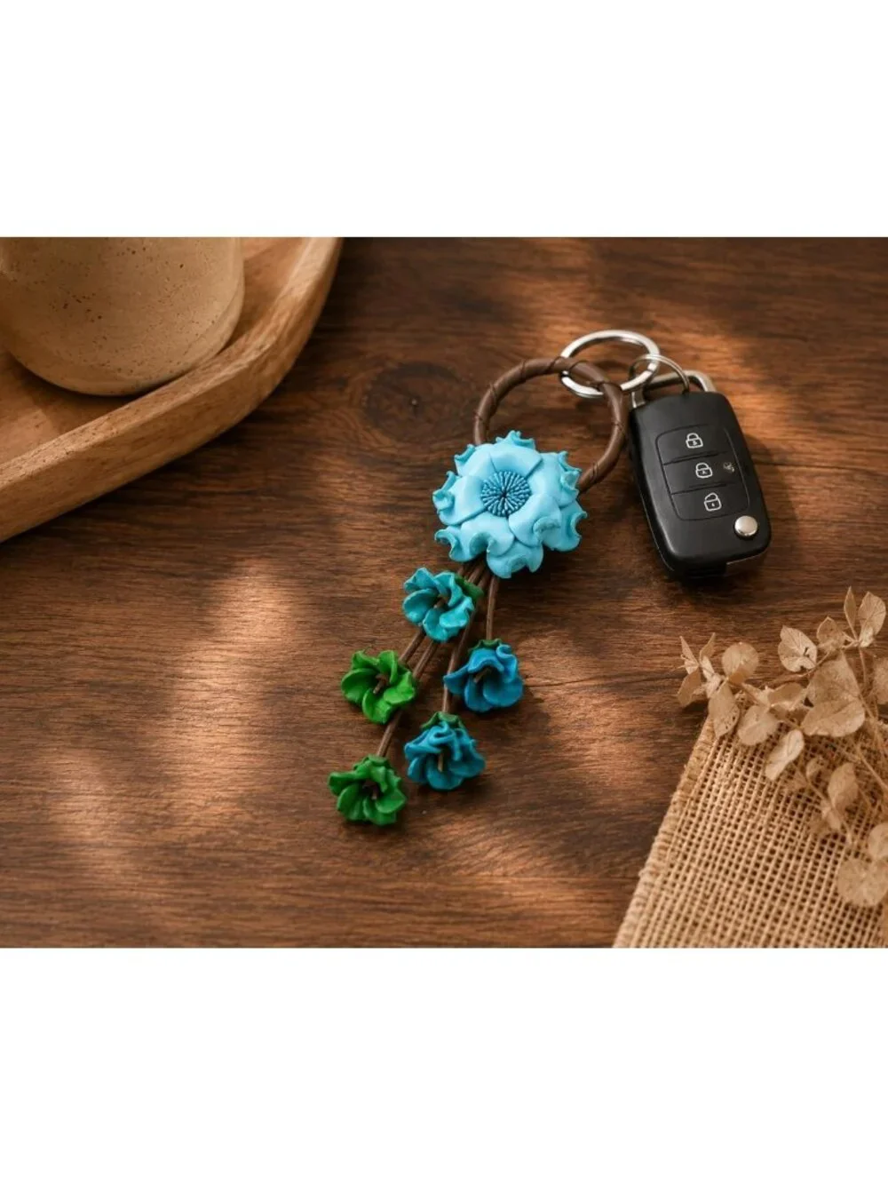 Handmade Leather Flower Keychain | Genuine Leather Loop Ring | Vintage Boho Gift